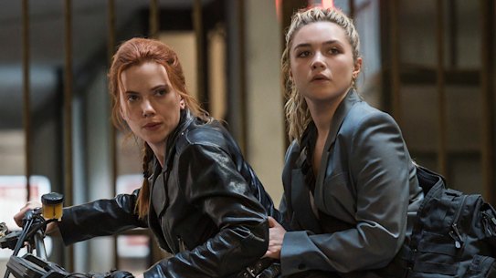 Scarlett Johansson as Black Widow/Natasha Romanoff (left) and Florence Pugh as Yelena in Black Widow.