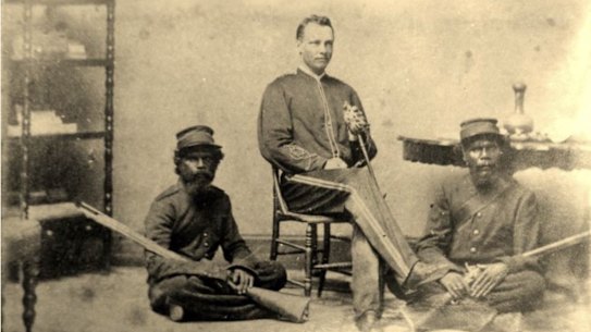 The author’s great-great grandfather Reginald Uhr (centre), Queensland Native Police officer and “a professional killer of Aborigines”, with troopers, circa 1868.
