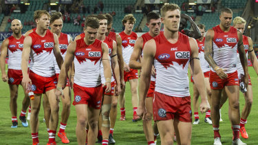 Sloppy start: Dejected Swans players leave the field after Friday night's defeat at home to Adelaide.