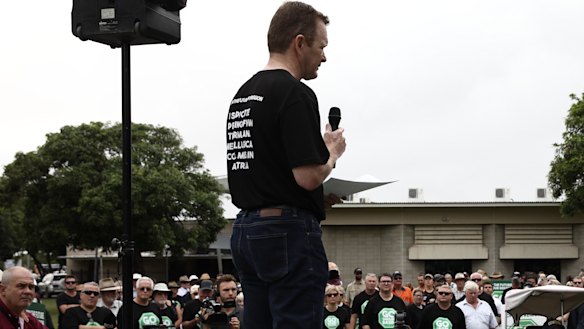Mick Crowe urges the crowd of pro-coal protesters to win over opponents using logic rather than facts.