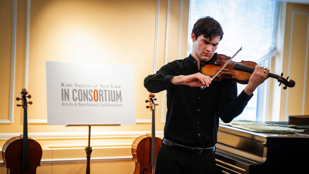 Juilliard student Nathan Meltzer, recipient of the "Ames, Totenberg" Stradivari of 1734, plays the instrument in New York on Tuesday.