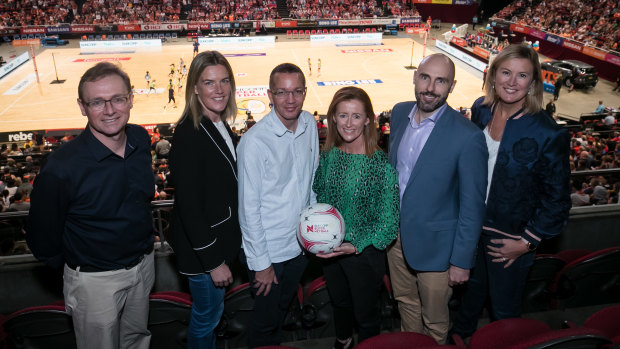 Netball Australia's new independent commission to run the Super Netball competition. From left to right: John O’Sullivan, Catriona Larritt, Todd Deacon, Gabbi Stubbs, Chris Symington and Marne Fechner.