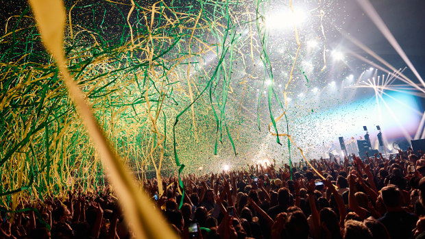 Confetti and streamers on the last night of The Killers’ tour, at Qudos Bank Arena.