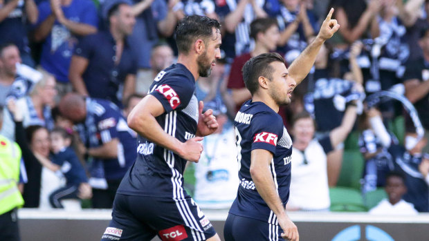 Last gasp: Kosta Barbarouses  (right) leveled proceedings for Victory in the 88th minute at AAMI Park.
