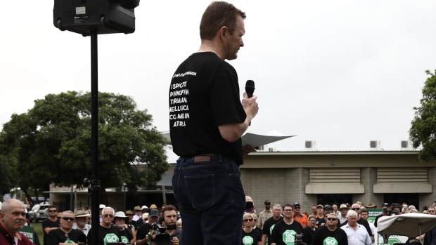 Mick Crowe urges the crowd of pro-coal protesters to win over opponents using logic rather than facts.