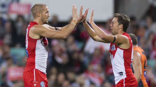 Challenge ahead: Sam Reid (left) celebrates one of his two goals against the Giants.