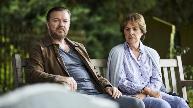 Ricky Gervais and Penelope Wilton in a scene from the Netflix series After Life.