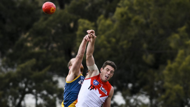 Darcy Cameron contests the ball in the NEAFL against Canberra.