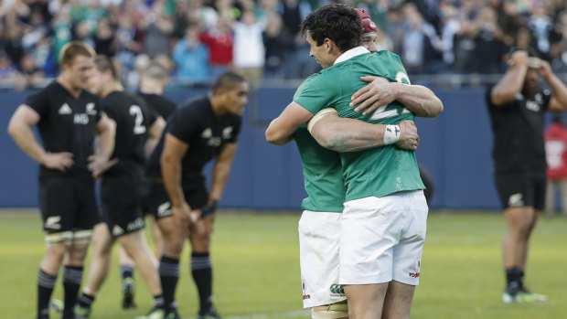 History makers: Two of Ireland's new faces, Joey Carbery and Josh van der Flier, celebrate after beating New Zealand for the first time in 111 years in Chicago in 2016. 