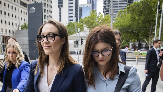 Sally Rugg (left) and her partner, actor Kate McCartney. outside the Federal Court in Melbourne in March.