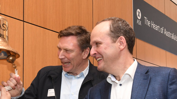 Tyro Payments chairman David Thodey and CEO Robbie Cooke ring the bell as the fintech debuted on the ASX in 2019.