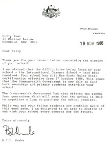 Letter of support from Prime Minister Bob Hawke.
