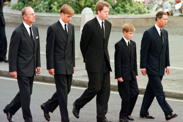 Prince Philip, Prince William, Earl Spencer, Prince Harry and Prince Charles walking behind Princess Diana’s coffin.