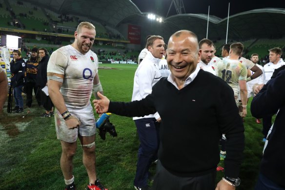 Eddie Jones jokes with James Haskell, after the flanker was instrumental in England’s second Test win, which secured the series.