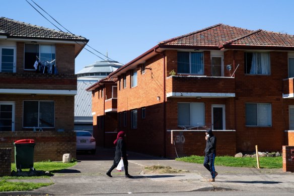 Pedestrians in Punchbowl during lockdown. It is part of the Canterbury-Bankstown local government area of concern. 