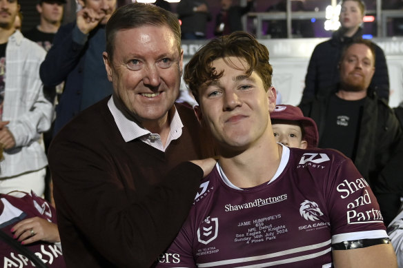 Former Sea Eagles CEO Stephen Humphreys with his son Jamie after his NRL debut.