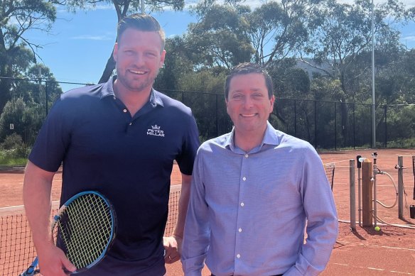 Opposition Leader Matthew Guy (right) with Liberal candidate for Nepean Sam Groth on Saturday.