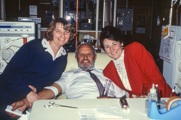 From left: Australian Red Cross Rh donor program nurse Liz Thynne, James Harrison and Robyn Barlow.