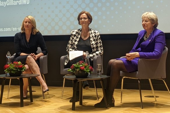 Kelly Beaver from Ipsos, former Australian prime minister Julia Gillard  and former British prime minister Theresa May at the Global Institute for Women’s Leadership at King’s College London.