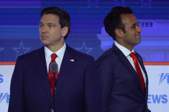 Florida governor Ron DeSantis and former biotech executive Vivek Ramaswamy at the Republican debate.