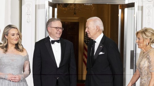 Prime Minister Anthony Albanese  and his partner Jodie Haydon arrive for a state dinner hosted by US President Joe Biden and First Lady Dr Jill Biden at the White House.
