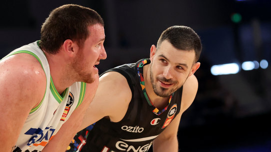 Chris Goulding has a wry smile at Phoenix opponent Thomas Vodanovich.