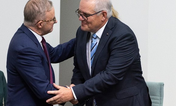 Albanese and Morrison shake hands after Morrison’s farewell speech.