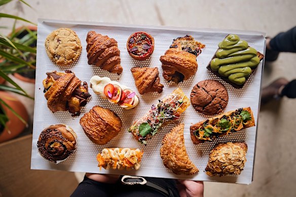 Pastries including pandan kaya croissant toast and mushroom rendang hand pie.