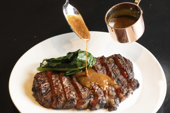 The grass-fed rib-eye with mustard jus.