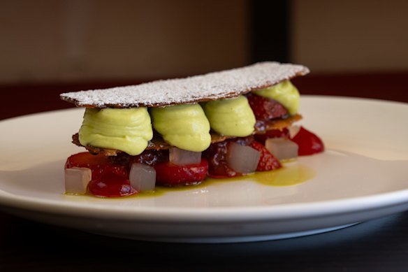 Strawberry millefeuille, lovage cream, lavender.