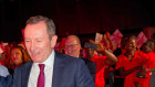 WA Premier Roger Cook greets his predecessor Mark McGowan at Labor’s election campaign launch on Sunday.