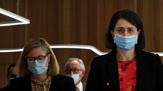 NSW Premier Gladys Berejiklian (centre) and Chief Health Officer Dr Kerry Chant (left) on Monday.
