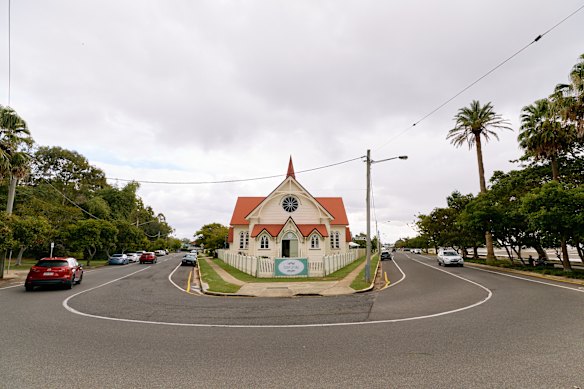 The former Sandgate Baptist Church, built in 1887, on the hairpin corner of Flinders Parade and Cliff Street. It’s now a childcare centre.