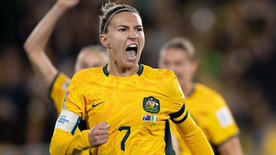 Steph Catley celebrates after scoring from the spot against Ireland, 24 hours after Sam Kerr knocked on her hotel room door.