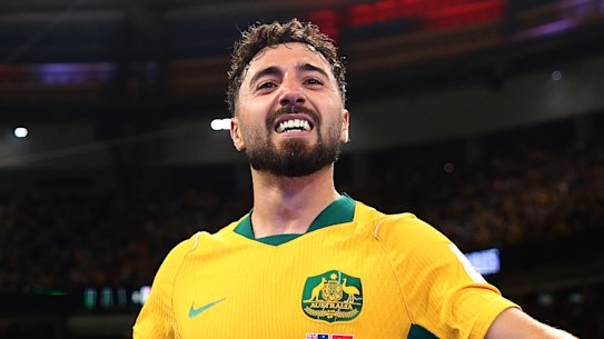 Jacob Italiano celebrates Australia’s win over Turkey.