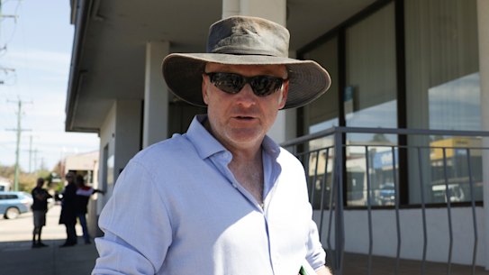 Andrew Thaler speaks to the media on his arrival for a Snowy Monaro Regional Council meeting in 2024 in Cooma.