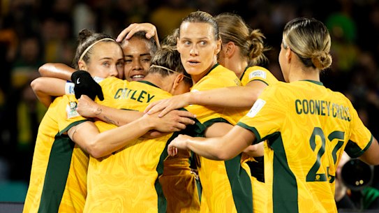 Caitlin Foord scores for Australia. Australia v Denmark - Olympic Park. Photograph by Edwina Pickles. Taken on 6th August 2023.