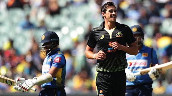 Quick breakthrough: Australian paceman Mitchell Starc is all smiles after taking the wicket of Sri Lanka's Kusal Mendis.