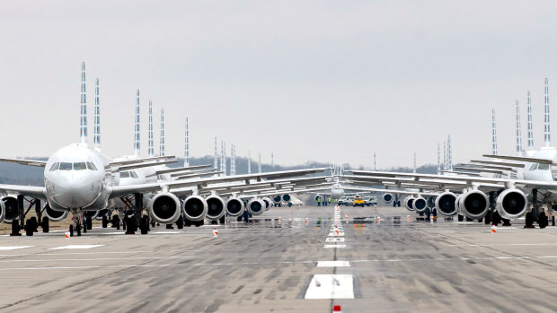 Going nowhere: nearly 70 parked American Airlines jets in Pittsburgh.