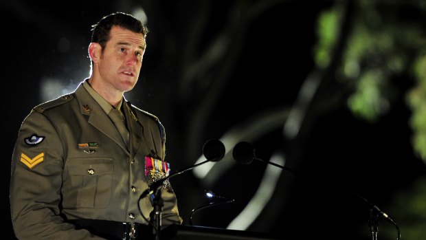 Ben Roberts-Smith reads an emotive account of Australian service in Afghanistan at the Australian War Memorial Dawn Service.