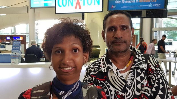 Vascolynna Agamo with father Duane Agamo on arrival at Brisbane Airport before her surgery on Saturday.