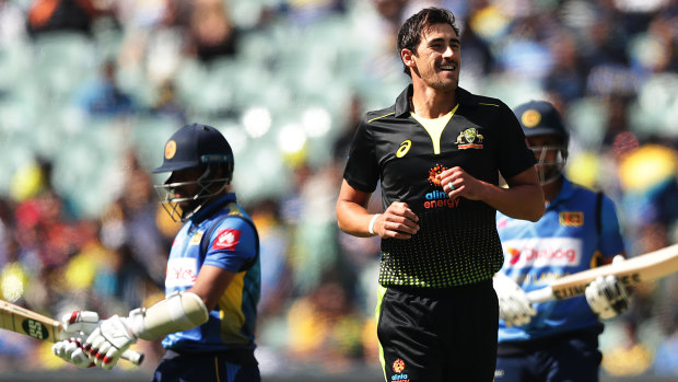 Quick breakthrough: Australian paceman Mitchell Starc is all smiles after taking the wicket of Sri Lanka's Kusal Mendis.