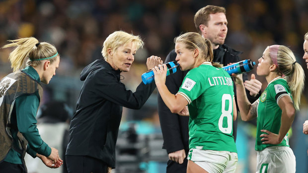 Vera Pauw, Head Coach of Republic of Ireland, instructs to Ruesha Littlejohn on Thursday night.