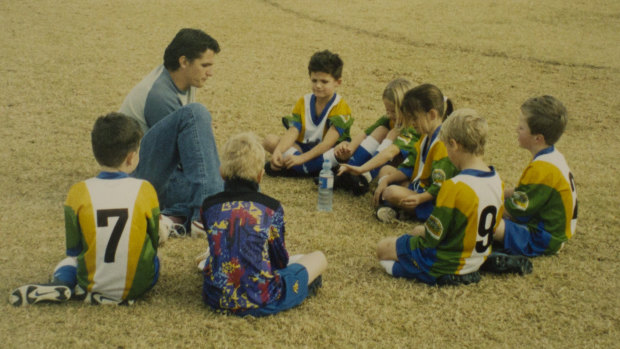 Coach Ivan Cleary lays down the law to a young Nathan and his Collary Cromer under-6 teammates.