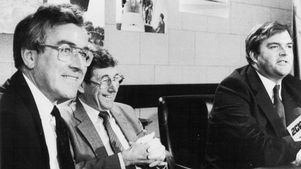 Paul Dibb, Sir William Cole, and Kim Beazley at the Dibb report press conference, Parliament House, Canberra, June 3, 1986.