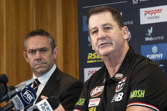 Ross Lyon, right, during a press conference with former Saints CEO Simon Lethlean.