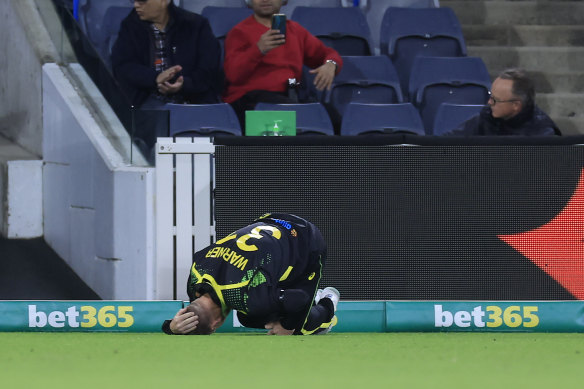David Warner lands heavily after attempting a catch against England in Canberra on Wednesday 