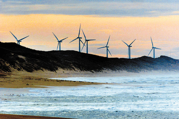 Wind farm towers at Codrington in south-west Victoria.