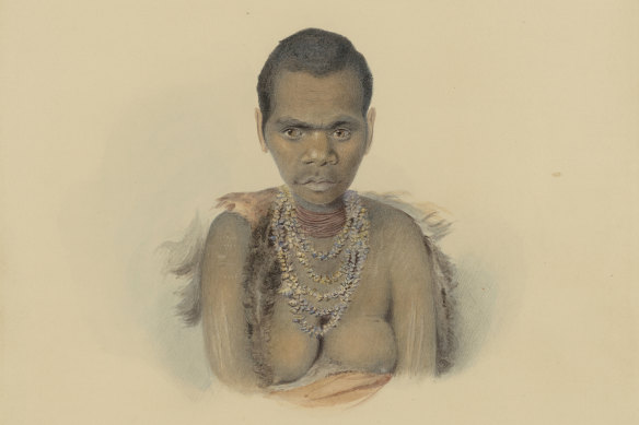 Truganini as painted by the convict artist Thomas Bock in 1836.