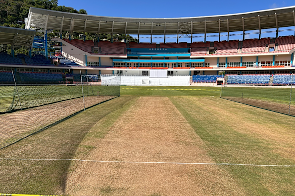 The pitch at the National Cricket Stadium in Grenada, two days out from Australia’s second Test against the West Indies. 